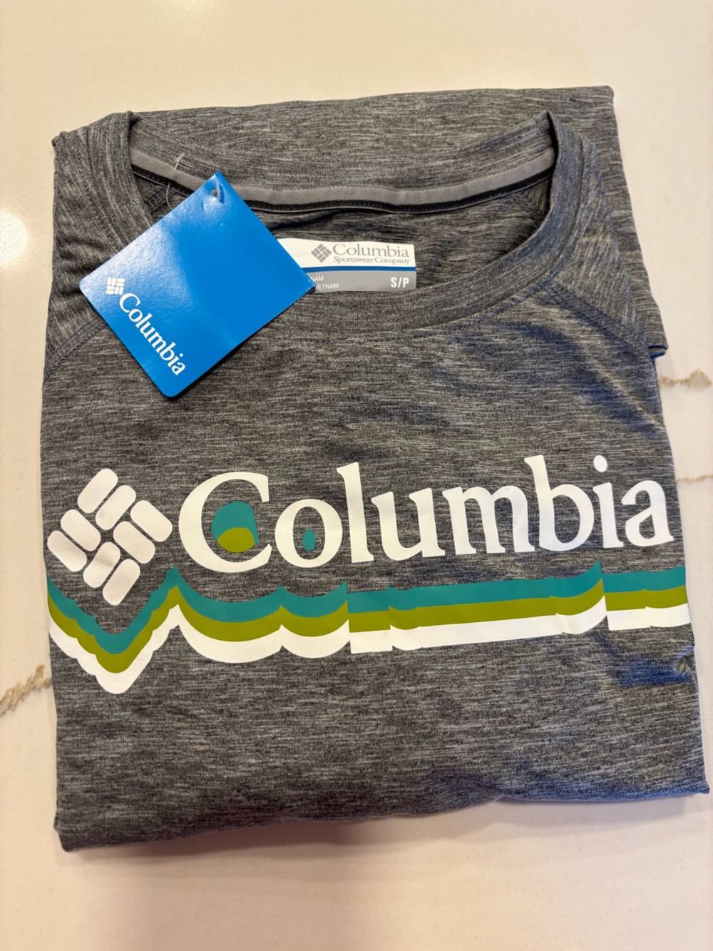 Columbia Grey Short-Sleeve Logo Tee with Green & Teal Stripes